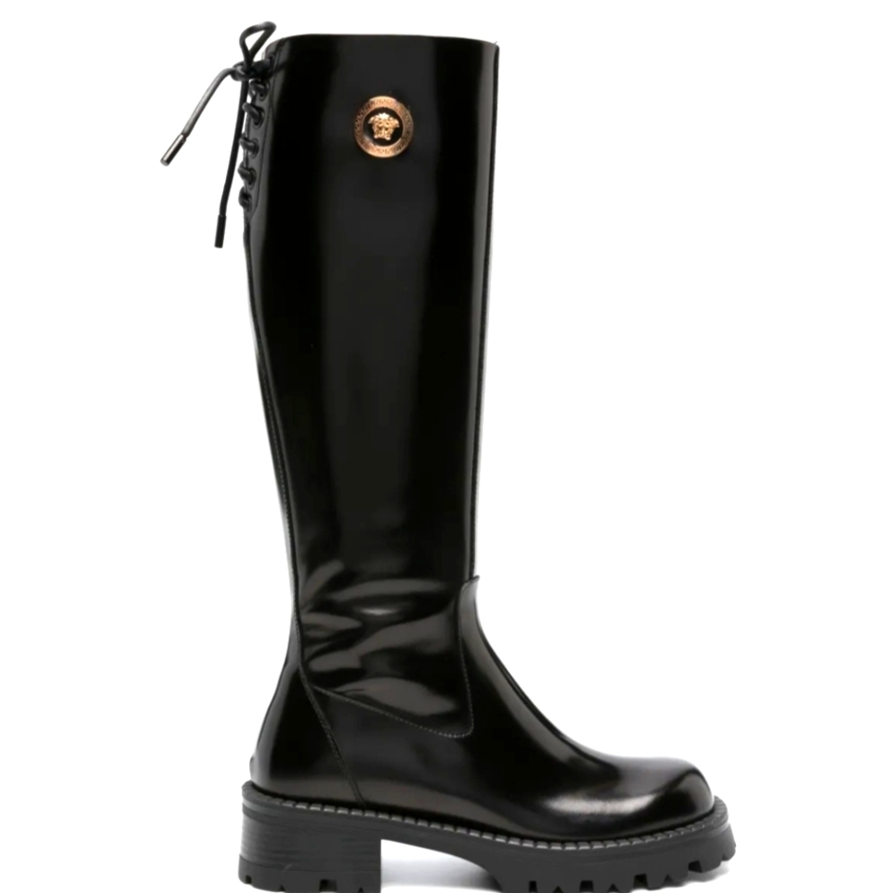 Versace Black Patent Leather Knee High Combat Boots – Gold Medusa